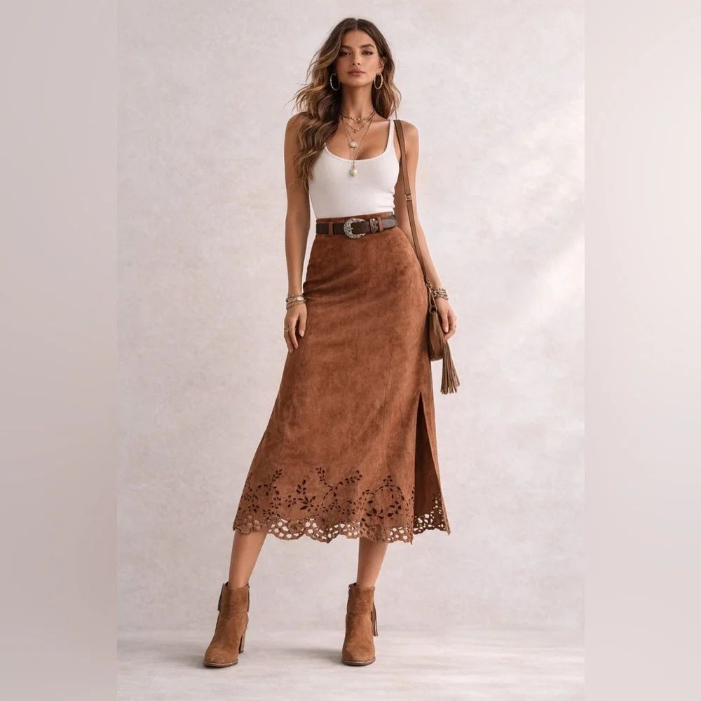 Vtg CASADEI Brown Suede Midi Skirt XL Boho Western Cottagecore Coastal Cowgirl